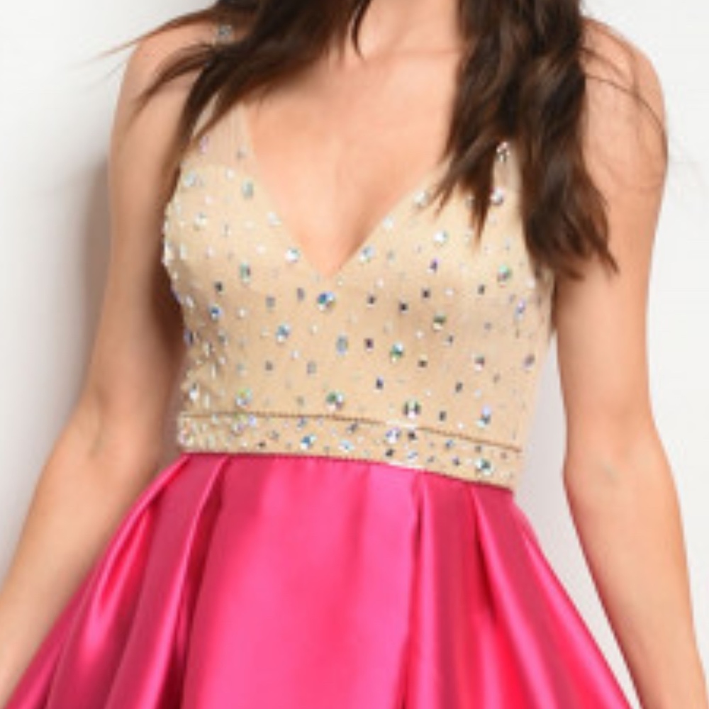 JEWEL EMBELLISHED NUDE & FUSCIA GOWN - Picture 2 of 5